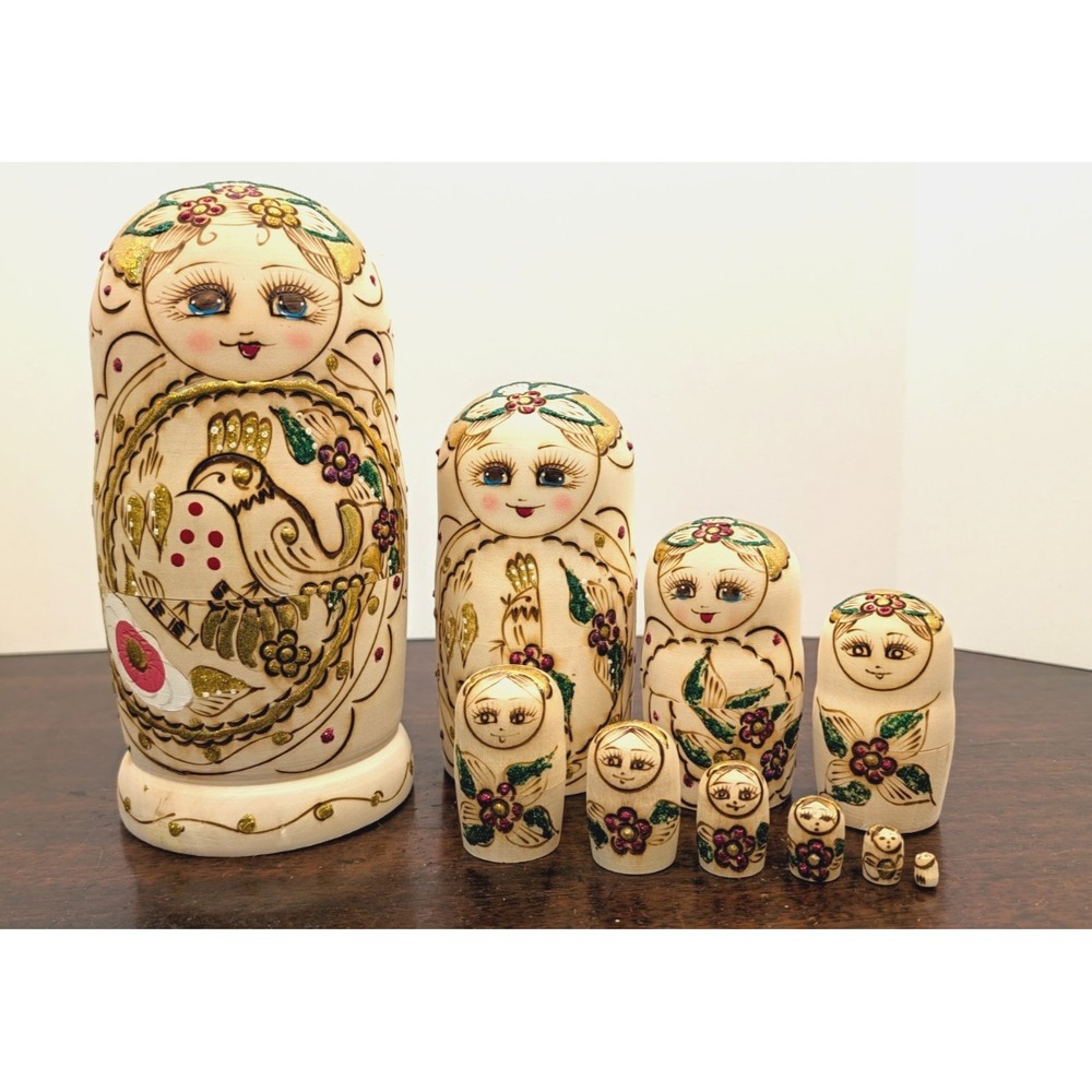 Set of 10 Wooden Nesting Dolls Matryoshka Style Hand Painted Bird Floral Gold 8"